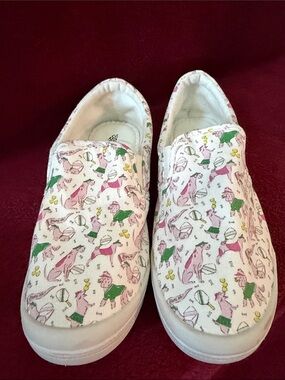 Woman’s Slip-On Canvas Shoes in White with Pink & Green Animal Print